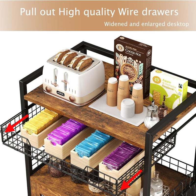 Hencawima Coffee Bar Cabinet, 3 Tier Coffee Station Table on Wheels, 35.9" H Bar Cart with Wire Basket Drawer & 5 Hooks for Home Kitchen, Liquor Buffet Sideboard Cabinet (Rustic Brown) - Image 3